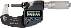 Mitutoyo - 0 to 1 Inch Range, 0 Inch Resolution, Standard Throat, IP65 Electronic Outside Micrometer - 0.0001 Inch Accuracy, Ratchet Friction Thimble, Rotating Spindle, SR44 Battery, Includes NIST Traceability Certification - Apex Tool & Supply