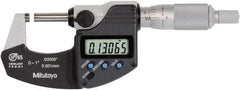 Mitutoyo - 0 to 1 Inch Range, 0 Inch Resolution, Standard Throat, IP65 Electronic Outside Micrometer - 0.0001 Inch Accuracy, Ratchet Stop Thimble, Rotating Spindle, SR44 Battery, Data Output, Includes NIST Traceability Certification - Apex Tool & Supply
