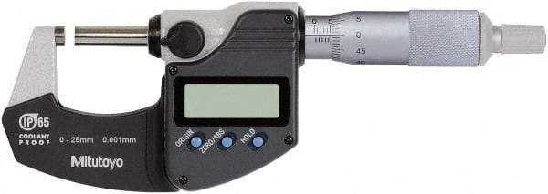 Mitutoyo - 0 to 25 mm Range, 0.0010 mm Resolution, Standard Throat, IP65 Electronic Outside Micrometer - Ratchet Stop Thimble, Rotating Spindle, SR44 Battery, Includes NIST Traceability Certification - Apex Tool & Supply