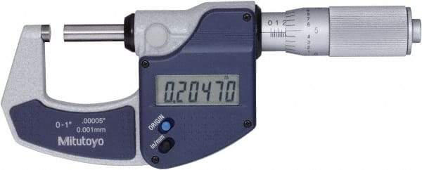 Mitutoyo - 0 to 1" Range, 0" Resolution, Standard Throat, Electronic Outside Micrometer - 0.0001" Accuracy, Friction Thimble, Rotating Spindle, SR44 Battery, Includes NIST Traceability Certification - Apex Tool & Supply