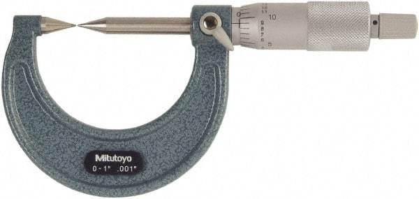 Mitutoyo - 1 Inch, 38mm Throat Depth, Ratchet Stop, Mechanical Point Micrometer - Accurate Up to 0.00015 Inch, 0.001 Inch Graduation, 30° Point Angle, 6.35mm Spindle Diameter - Apex Tool & Supply