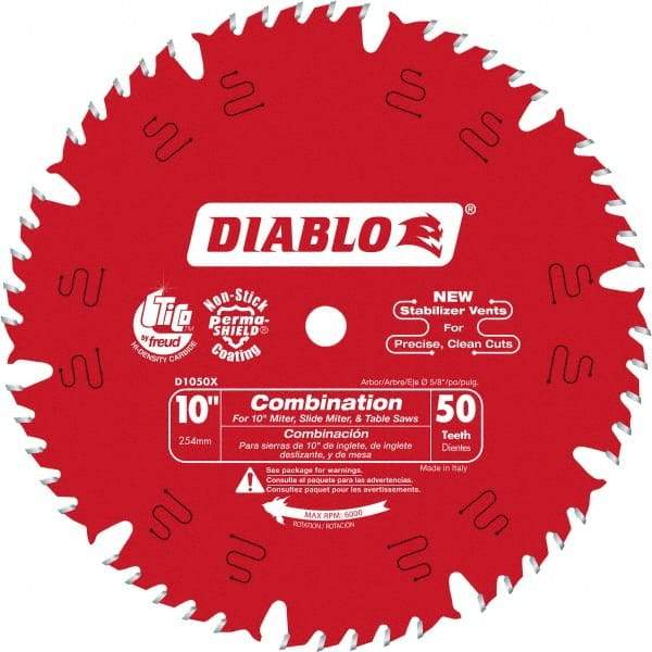 Freud - 10" Diam, 5/8" Arbor Hole Diam, 50 Tooth Wet & Dry Cut Saw Blade - Carbide-Tipped, Standard Round Arbor - Apex Tool & Supply