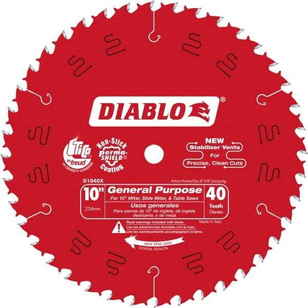Freud - 10" Diam, 5/8" Arbor Hole Diam, 40 Tooth Wet & Dry Cut Saw Blade - Carbide-Tipped, Standard Round Arbor - Apex Tool & Supply
