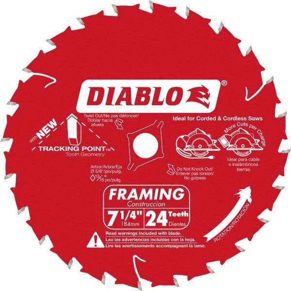 Freud - 7-1/4" Diam, 5/8" Arbor Hole Diam, 24 Tooth Wet & Dry Cut Saw Blade - Carbide-Tipped, Standard Round Arbor - Apex Tool & Supply