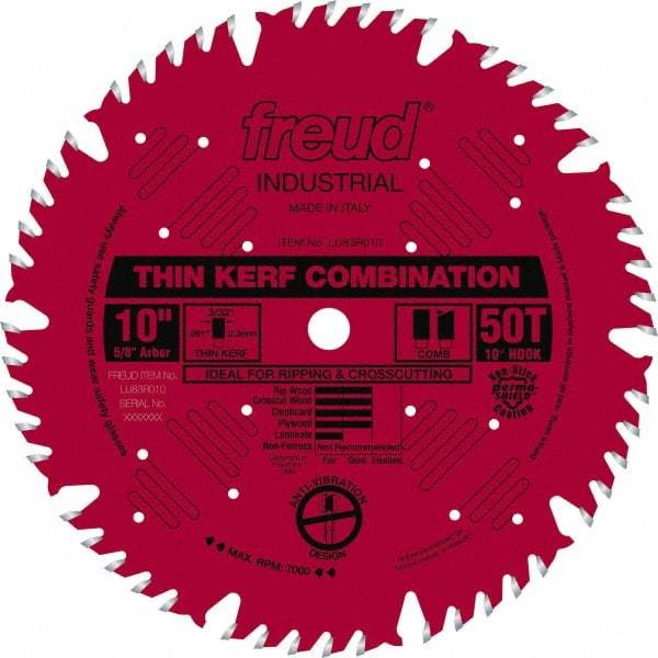 Freud - 10" Diam, 5/8" Arbor Hole Diam, 50 Tooth Wet & Dry Cut Saw Blade - Carbide-Tipped, Combination Action, Standard Round Arbor - Apex Tool & Supply