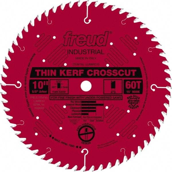 Freud - 10" Diam, 5/8" Arbor Hole Diam, 60 Tooth Wet & Dry Cut Saw Blade - Carbide-Tipped, Standard Round Arbor - Apex Tool & Supply
