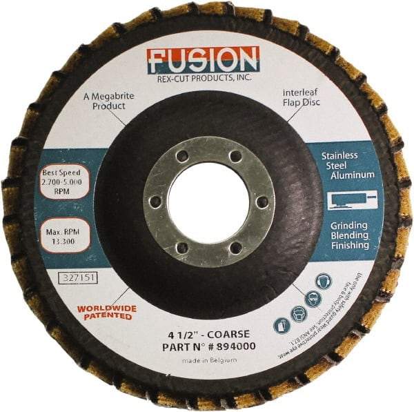 Rex Cut Product - 60 Grit, 4-1/2" Disc Diam, 7/8" Center Hole, Type 29 Aluminum Oxide Flap Disc - 13,300 Max RPM, Fiberglass Backing, Arbor Attaching System, Coated & Non-Woven Combo - Apex Tool & Supply