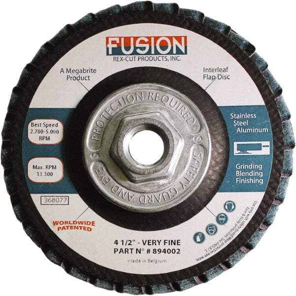 Rex Cut Product - 120 Grit, 4-1/2" Disc Diam, 5/8-11 Center Hole, Type 29 Aluminum Oxide Flap Disc - 13,300 Max RPM, Fiberglass Backing, Arbor Attaching System, Coated & Non-Woven Combo - Apex Tool & Supply