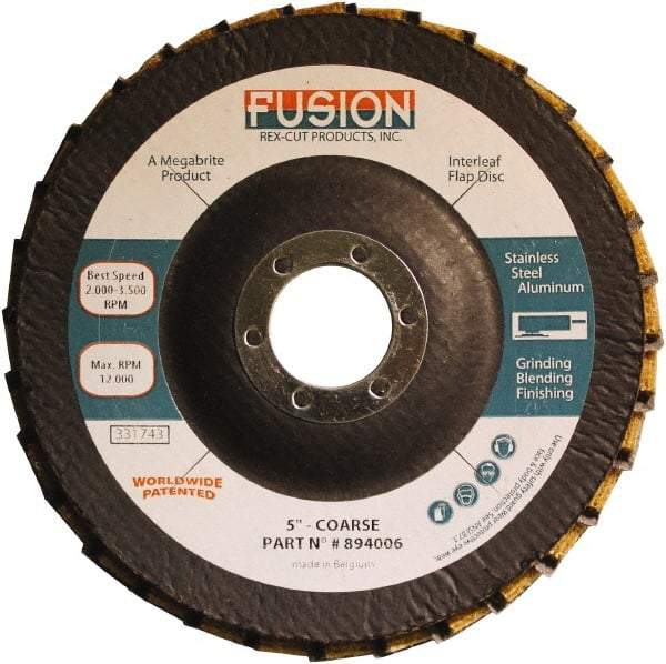 Rex Cut Product - 60 Grit, 5" Disc Diam, 7/8" Center Hole, Type 29 Aluminum Oxide Flap Disc - 12,200 Max RPM, Fiberglass Backing, Arbor Attaching System, Coated & Non-Woven Combo - Apex Tool & Supply