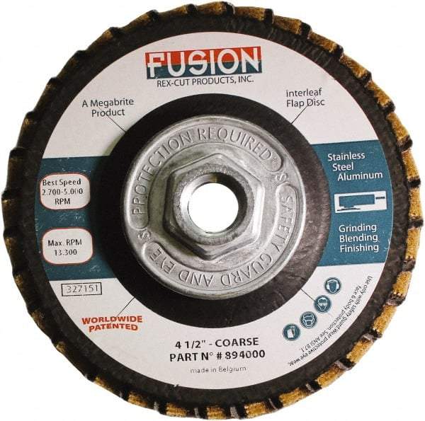 Rex Cut Product - 60 Grit, 4-1/2" Disc Diam, 5/8-11 Center Hole, Type 29 Aluminum Oxide Flap Disc - 13,300 Max RPM, Fiberglass Backing, Arbor Attaching System, Coated & Non-Woven Combo - Apex Tool & Supply