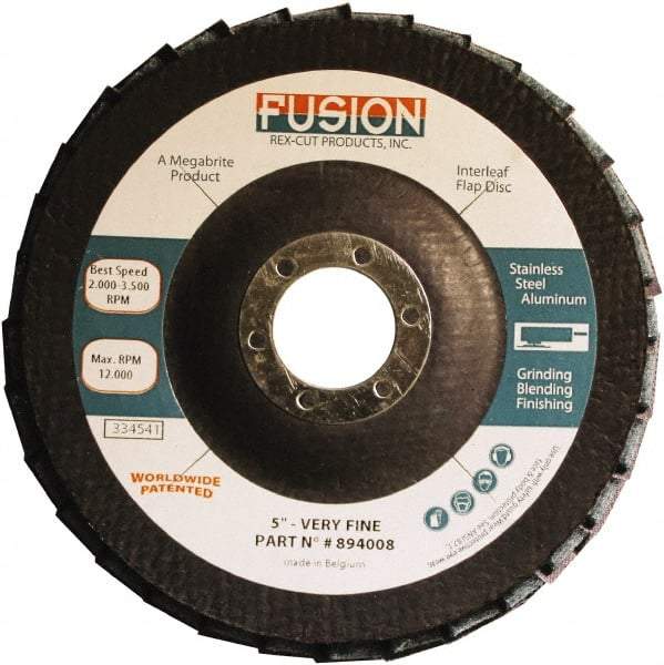 Rex Cut Product - 120 Grit, 5" Disc Diam, 7/8" Center Hole, Type 29 Aluminum Oxide Flap Disc - 12,200 Max RPM, Fiberglass Backing, Arbor Attaching System, Coated & Non-Woven Combo - Apex Tool & Supply