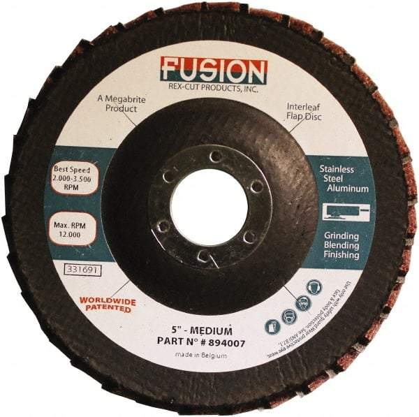 Rex Cut Product - 80 Grit, 5" Disc Diam, 7/8" Center Hole, Type 29 Aluminum Oxide Flap Disc - 12,200 Max RPM, Fiberglass Backing, Arbor Attaching System, Coated & Non-Woven Combo - Apex Tool & Supply