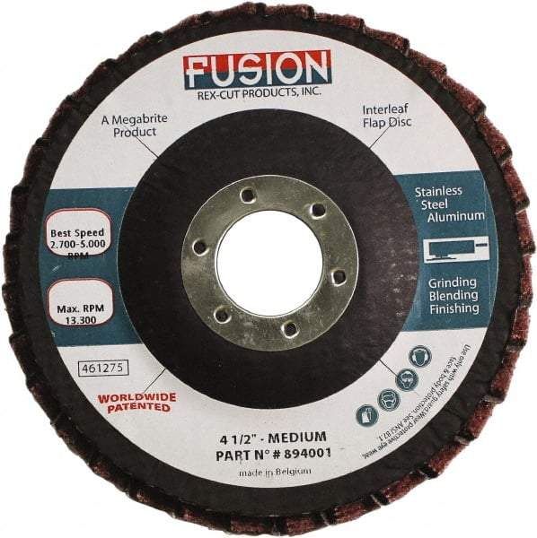 Rex Cut Product - 80 Grit, 4-1/2" Disc Diam, 7/8" Center Hole, Type 29 Aluminum Oxide Flap Disc - 13,300 Max RPM, Fiberglass Backing, Arbor Attaching System, Coated & Non-Woven Combo - Apex Tool & Supply