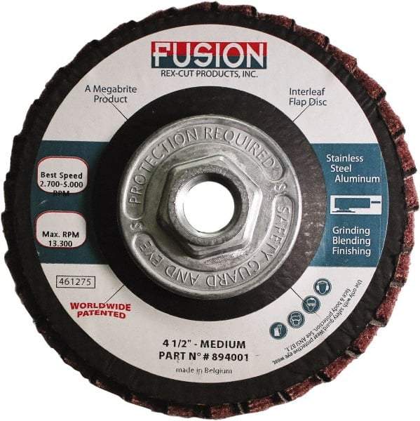 Rex Cut Product - 80 Grit, 4-1/2" Disc Diam, 5/8-11 Center Hole, Type 29 Aluminum Oxide Flap Disc - 13,300 Max RPM, Fiberglass Backing, Arbor Attaching System, Coated & Non-Woven Combo - Apex Tool & Supply