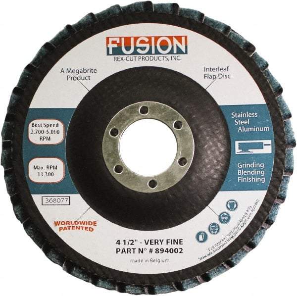 Rex Cut Product - 120 Grit, 4-1/2" Disc Diam, 7/8" Center Hole, Type 29 Aluminum Oxide Flap Disc - 13,300 Max RPM, Fiberglass Backing, Arbor Attaching System, Coated & Non-Woven Combo - Apex Tool & Supply