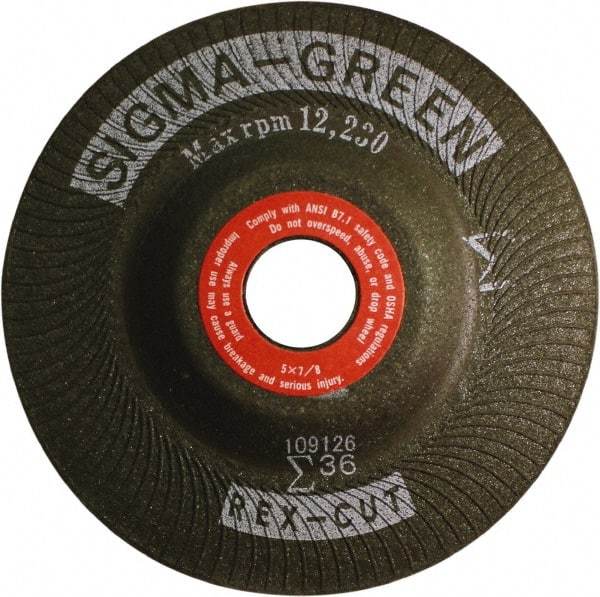 Rex Cut Product - 36 Grit, 5" Wheel Diam, 7/8" Arbor Hole, Type 27 Depressed Center Wheel - Zirconia Alumina/Aluminum Oxide Blend - Apex Tool & Supply