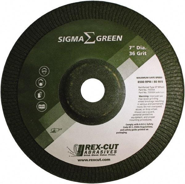 Rex Cut Product - 36 Grit, 7" Wheel Diam, 7/8" Arbor Hole, Type 27 Depressed Center Wheel - Zirconia Alumina/Aluminum Oxide Blend - Apex Tool & Supply