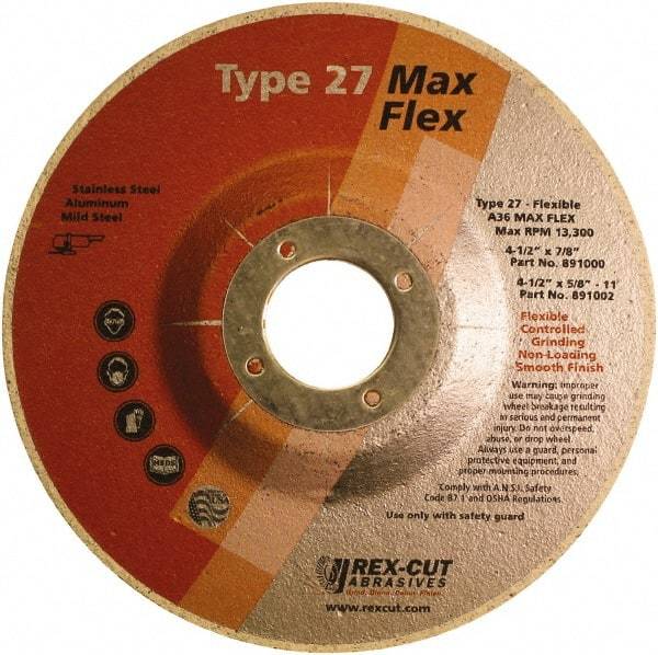Rex Cut Product - 36 Grit, 4-1/2" Wheel Diam, 3/16" Wheel Thickness, 7/8" Arbor Hole, Type 27 Depressed Center Wheel - Aluminum Oxide, 13,300 Max RPM - Apex Tool & Supply