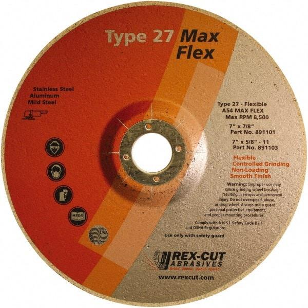 Rex Cut Product - 54 Grit, 7" Wheel Diam, 5/32" Wheel Thickness, 7/8" Arbor Hole, Type 27 Depressed Center Wheel - Aluminum Oxide, 8,500 Max RPM - Apex Tool & Supply