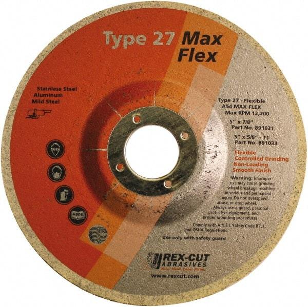 Rex Cut Product - 54 Grit, 5" Wheel Diam, 5/32" Wheel Thickness, 7/8" Arbor Hole, Type 27 Depressed Center Wheel - Aluminum Oxide, 12,200 Max RPM - Apex Tool & Supply