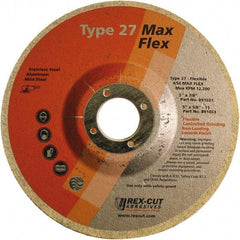 Rex Cut Product - 54 Grit, 5" Wheel Diam, 5/32" Wheel Thickness, 7/8" Arbor Hole, Type 27 Depressed Center Wheel - Aluminum Oxide, 12,200 Max RPM - Apex Tool & Supply