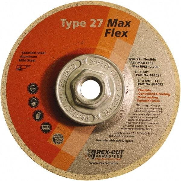 Rex Cut Product - 54 Grit, 5" Wheel Diam, 5/32" Wheel Thickness, Type 27 Depressed Center Wheel - Aluminum Oxide, 12,200 Max RPM - Apex Tool & Supply