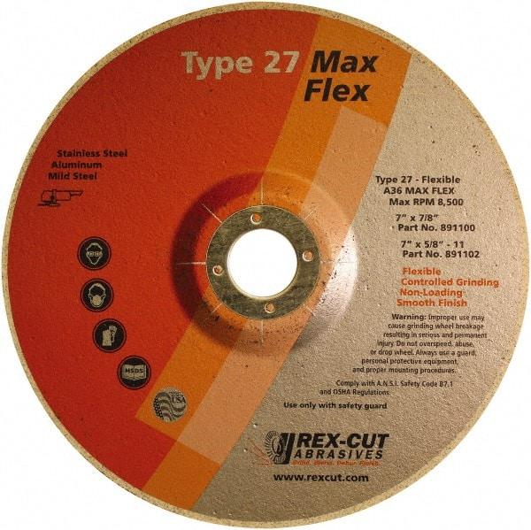 Rex Cut Product - 36 Grit, 7" Wheel Diam, 5/32" Wheel Thickness, 7/8" Arbor Hole, Type 27 Depressed Center Wheel - Aluminum Oxide, 8,500 Max RPM - Apex Tool & Supply