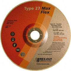 Rex Cut Product - 36 Grit, 7" Wheel Diam, 5/32" Wheel Thickness, 7/8" Arbor Hole, Type 27 Depressed Center Wheel - Aluminum Oxide, 8,500 Max RPM - Apex Tool & Supply