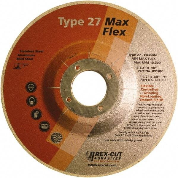 Rex Cut Product - 54 Grit, 4-1/2" Wheel Diam, 5/32" Wheel Thickness, 7/8" Arbor Hole, Type 27 Depressed Center Wheel - Aluminum Oxide, 13,300 Max RPM - Apex Tool & Supply