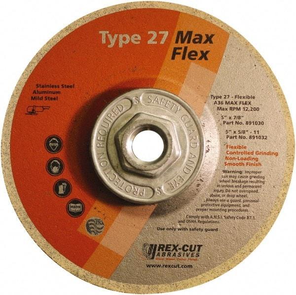 Rex Cut Product - 36 Grit, 5" Wheel Diam, 5/32" Wheel Thickness, Type 27 Depressed Center Wheel - Aluminum Oxide, 12,200 Max RPM - Apex Tool & Supply