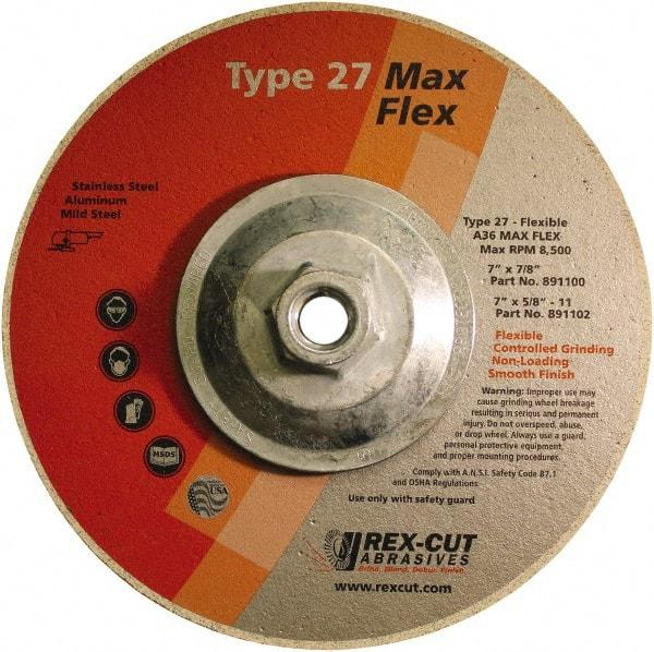 Rex Cut Product - 36 Grit, 7" Wheel Diam, 5/32" Wheel Thickness, Type 27 Depressed Center Wheel - Aluminum Oxide, 8,500 Max RPM - Apex Tool & Supply