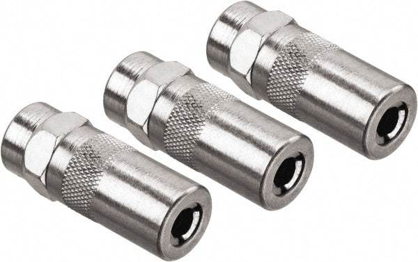 DeWALT - 10,000 Operating psi, 2" Long, 1/8 Thread, Nickel Plated Brass Fixed Grease Gun Coupler - NPT Thread, 10,000 psi Burst Pressure, Silver - Apex Tool & Supply