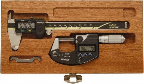 Mitutoyo - 4 Piece, Caliberated Machinist Caliper and Micrometer Tool Kit - 0 to 6 Inch Caliper, 0.0005 Inch Caliper Resoluion, 0 to 1 Inch Micrometer, 0.0001 Inch Graduation, 0.0005 Inch Resoluion - Apex Tool & Supply
