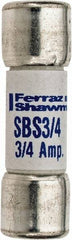 Ferraz Shawmut - 600 VAC, 0.75 Amp, Fast-Acting Ferrule Fuse - Clip Mount, 1-3/8" OAL, 100 at AC kA Rating, 13/32" Diam - Apex Tool & Supply