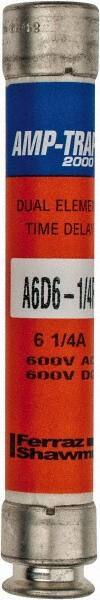 Ferraz Shawmut - 600 VAC/VDC, 6.25 Amp, Time Delay General Purpose Fuse - Clip Mount, 127mm OAL, 100 at DC, 200 at AC kA Rating, 13/16" Diam - Apex Tool & Supply