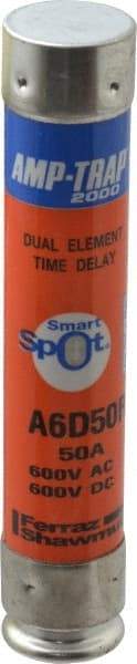 Ferraz Shawmut - 600 VAC/VDC, 50 Amp, Time Delay General Purpose Fuse - Clip Mount, 5-1/2" OAL, 100 at DC, 200 at AC kA Rating, 1-1/16" Diam - Apex Tool & Supply