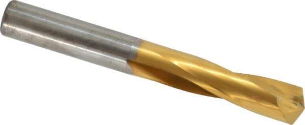 Atrax - 29/64" 135° Spiral Flute Solid Carbide Screw Machine Drill Bit - TiN Finish, Right Hand Cut, 2-1/8" Flute Length, 3-9/16" OAL, Split Point, Straight Shank - Apex Tool & Supply
