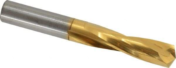 Atrax - 15/32" 135° Spiral Flute Solid Carbide Screw Machine Drill Bit - TiN Finish, Right Hand Cut, 2-1/8" Flute Length, 3-5/8" OAL, Split Point, Straight Shank - Apex Tool & Supply