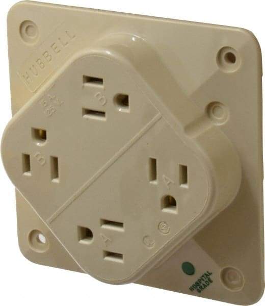 Hubbell Wiring Device-Kellems - 125 VAC, 15 Amp, 5-15R NEMA Configuration, Ivory, Hospital Grade, Self Grounding Fourplex Receptacle - 1 Phase, 2 Poles, 3 Wire, Flush Mount, Impact Resistant - Apex Tool & Supply