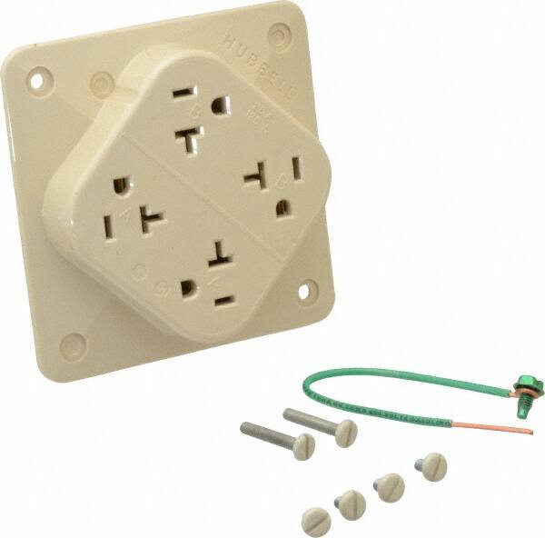 Hubbell Wiring Device-Kellems - 125 VAC, 20 Amp, 5-20R NEMA Configuration, Ivory, Specification Grade, Self Grounding Fourplex Receptacle - 1 Phase, 2 Poles, 3 Wire, Flush Mount, Impact Resistant - Apex Tool & Supply