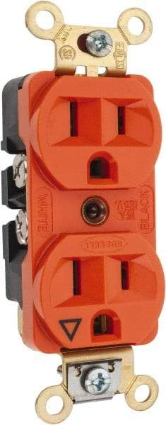 Hubbell Wiring Device-Kellems - 125 VAC, 15 Amp, 5-15R NEMA Configuration, Orange, Specification Grade, Isolated Ground Duplex Receptacle - 1 Phase, 2 Poles, 3 Wire, Flush Mount, Corrosion, Heat and Impact Resistant - Apex Tool & Supply