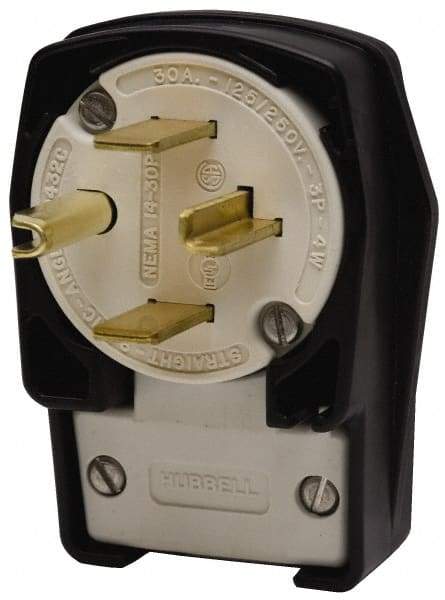 Hubbell Wiring Device-Kellems - 250 VAC, 30 Amp, 15-30P NEMA, Angled, Self Grounding, Commercial, Industrial Grade Plug - 3 Pole, 4 Wire, 3 Phase, 3 hp, Nylon, Black, White - Apex Tool & Supply