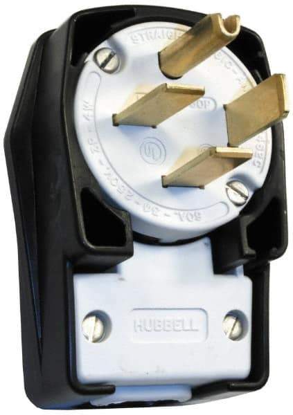 Hubbell Wiring Device-Kellems - 250 VAC, 60 Amp, 15-60P NEMA, Angled, Self Grounding, Commercial, Industrial Grade Plug - 3 Pole, 4 Wire, 3 Phase, 10 hp, Nylon, Black, White - APEX Tool & Supply