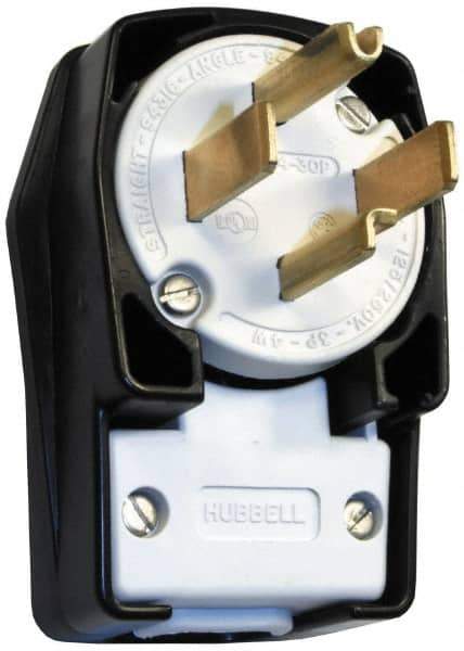 Hubbell Wiring Device-Kellems - 125/250 VAC, 30 Amp, 14-30P NEMA, Angled, Self Grounding, Commercial, Industrial Grade Plug - 3 Pole, 4 Wire, 1 Phase, 2 hp, Nylon, Black, White - Apex Tool & Supply