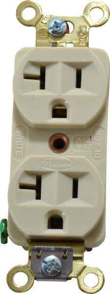 Hubbell Wiring Device-Kellems - 125 VAC, 20 Amp, 5-20R NEMA Configuration, Ivory, Industrial Grade, Self Grounding Duplex Receptacle - 1 Phase, 2 Poles, 3 Wire, Flush Mount, Corrosion, Heat and Impact Resistant - Apex Tool & Supply