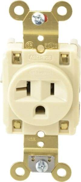Hubbell Wiring Device-Kellems - 125 VAC, 20 Amp, 5-20R NEMA Configuration, Ivory, Specification Grade, Self Grounding Single Receptacle - 1 Phase, 2 Poles, 3 Wire, Flush Mount, Corrosion, Heat and Impact Resistant - Apex Tool & Supply