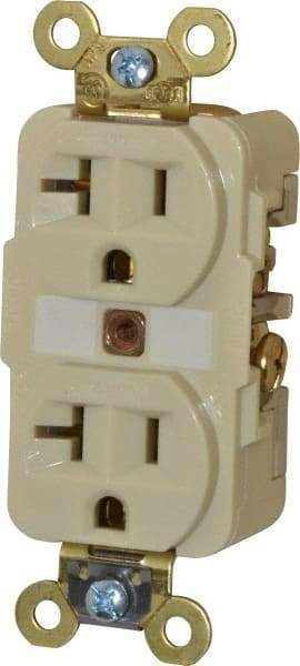 Hubbell Wiring Device-Kellems - 125 VAC, 20 Amp, 5-20R NEMA Configuration, Ivory, Specification Grade, Self Grounding Duplex Receptacle - 1 Phase, 2 Poles, 3 Wire, Flush Mount, Corrosion, Heat and Impact Resistant - Apex Tool & Supply