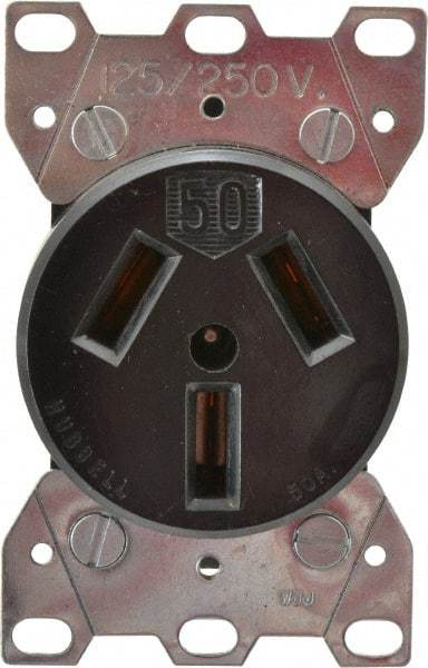 Hubbell Wiring Device-Kellems - 125/250 VAC, 50 Amp, 10-50R NEMA Configuration, Black, Specification Grade, Ungrounded Single Receptacle - 1 Phase, 3 Poles, 3 Wire, Flush Mount - Apex Tool & Supply