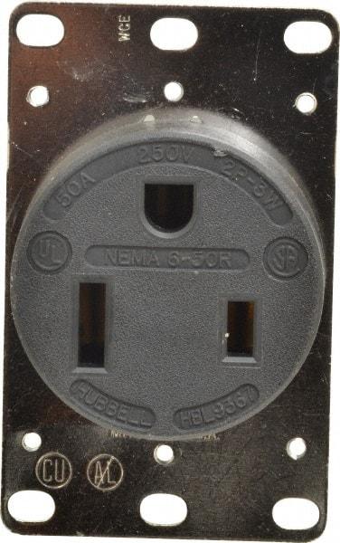 Hubbell Wiring Device-Kellems - 250 VAC, 50 Amp, 6-50R NEMA Configuration, Black, Industrial Grade, Self Grounding Single Receptacle - 1 Phase, 2 Poles, 3 Wire, Flush Mount - Apex Tool & Supply