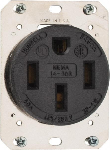 Hubbell Wiring Device-Kellems - 125/250 VAC, 50 Amp, 14-50R NEMA Configuration, Black, Industrial Grade, Self Grounding Single Receptacle - 1 Phase, 3 Poles, 4 Wire, Flush Mount - Apex Tool & Supply